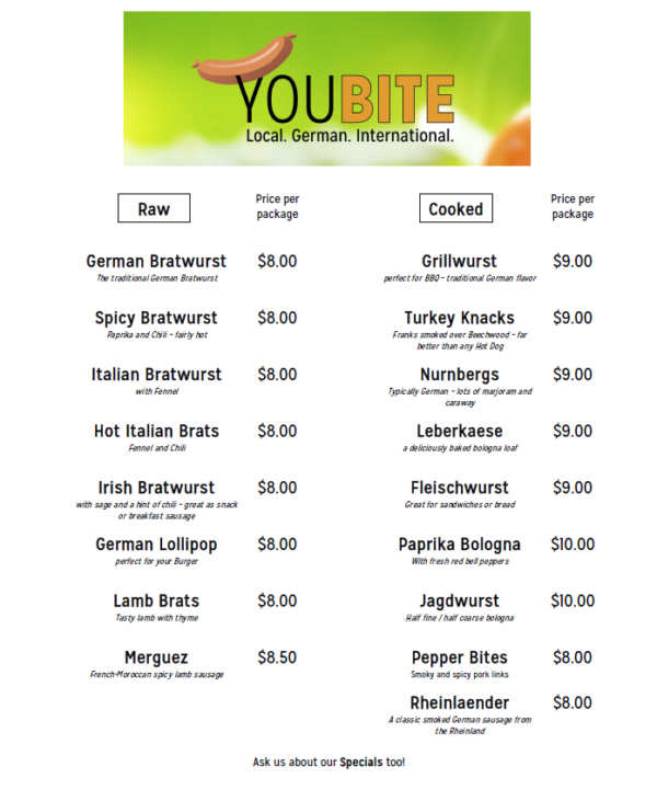 Products of YOUBITE Authentic German sausages!